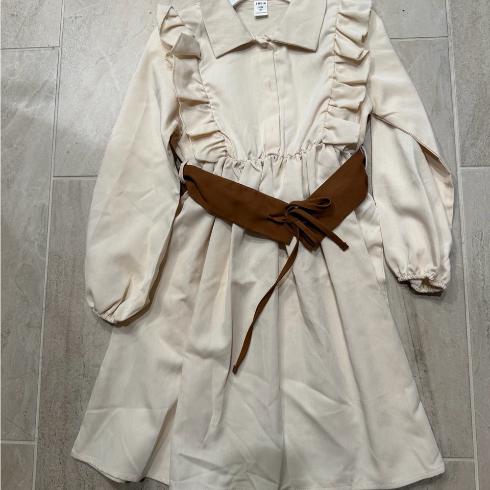 Cream and Brown Kids Dress with Ruffle Detail